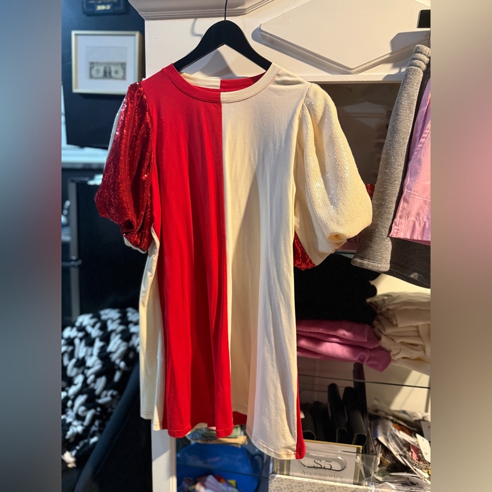 QOS Puff Sleeve Color Block Dress - Red/cream NWT